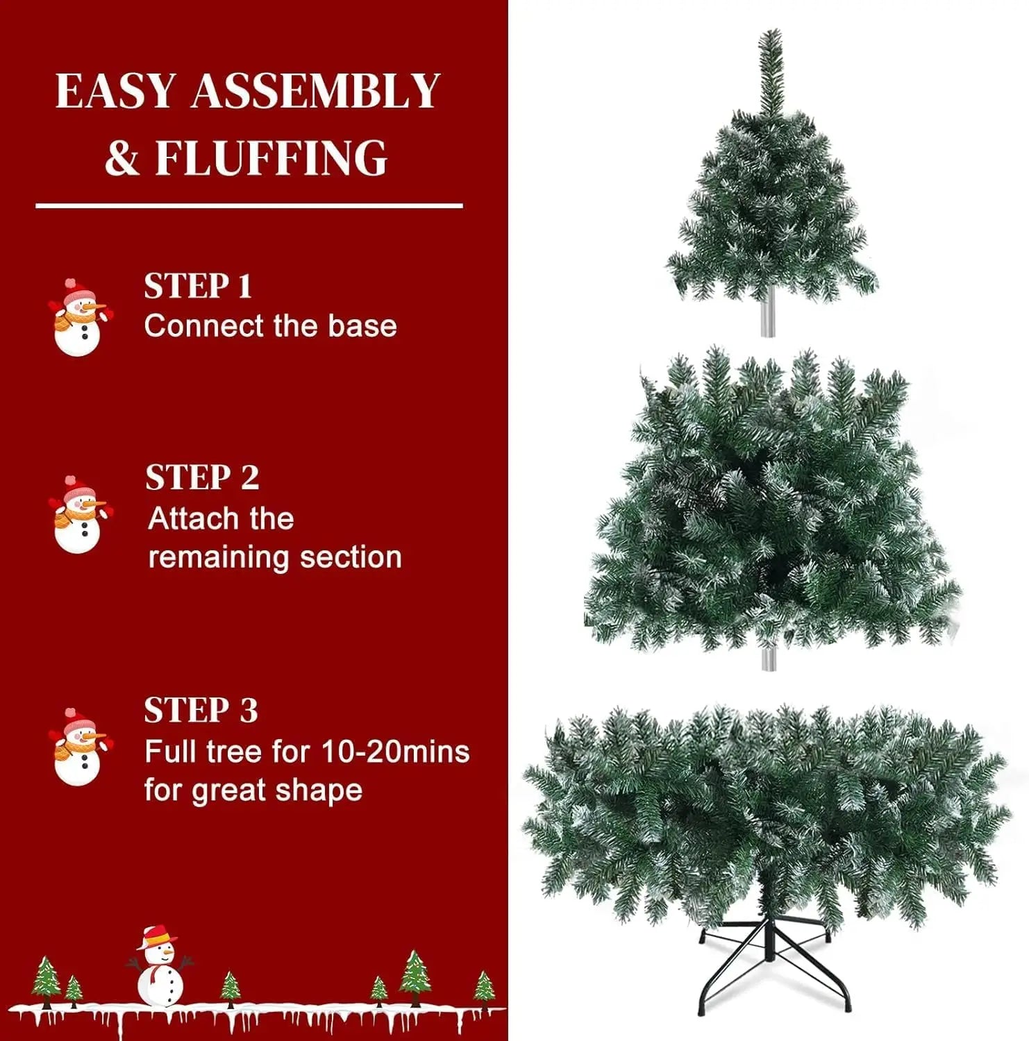 7ft/8ft Snow-Flocked Artificial Christmas Tree – 1000 Branch Tips with Foldable Metal Stand