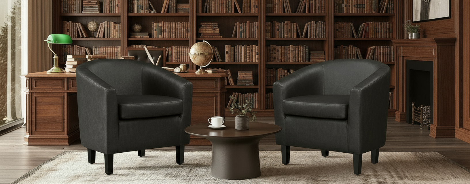 Set of 2 Faux Leather Barrel Accent Chairs – Modern Club Armchairs with Soft Seat