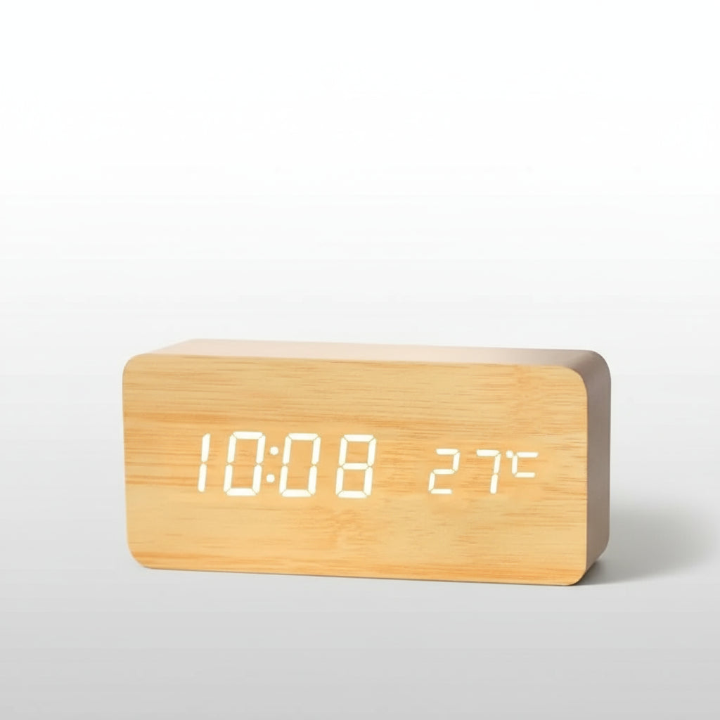 Wooden digital clock with white LED display on a wooden surface