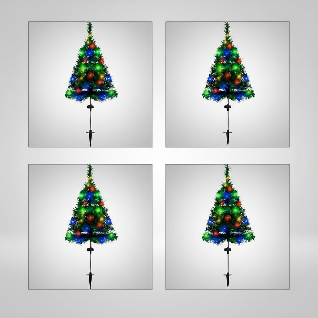 Four decorative Christmas trees with lights on stands against a white background.