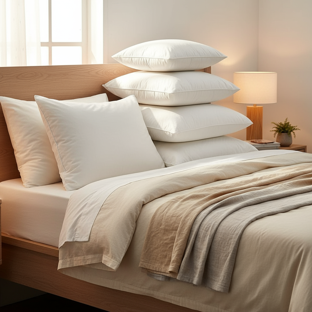 Stack of white pillows on a black surface with a white background
