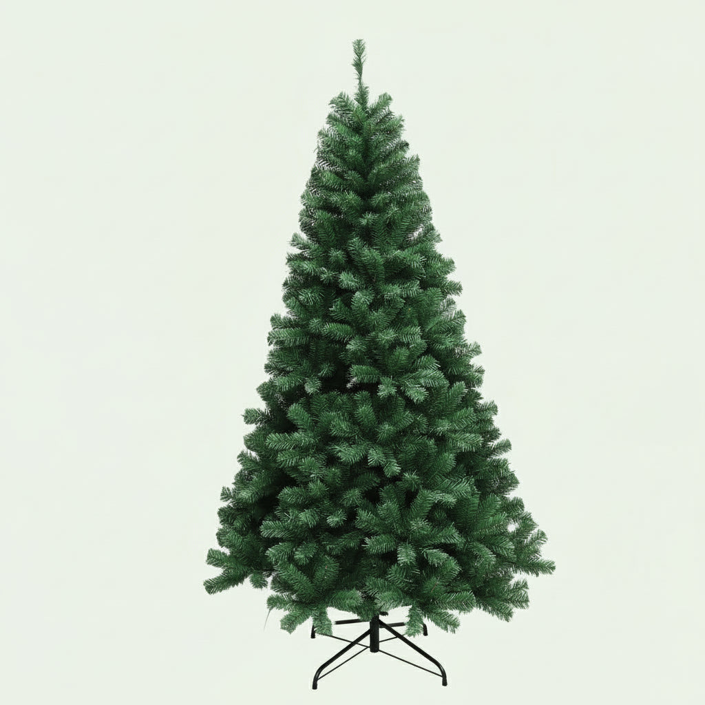 Green artificial Christmas tree with measurements on a light green background