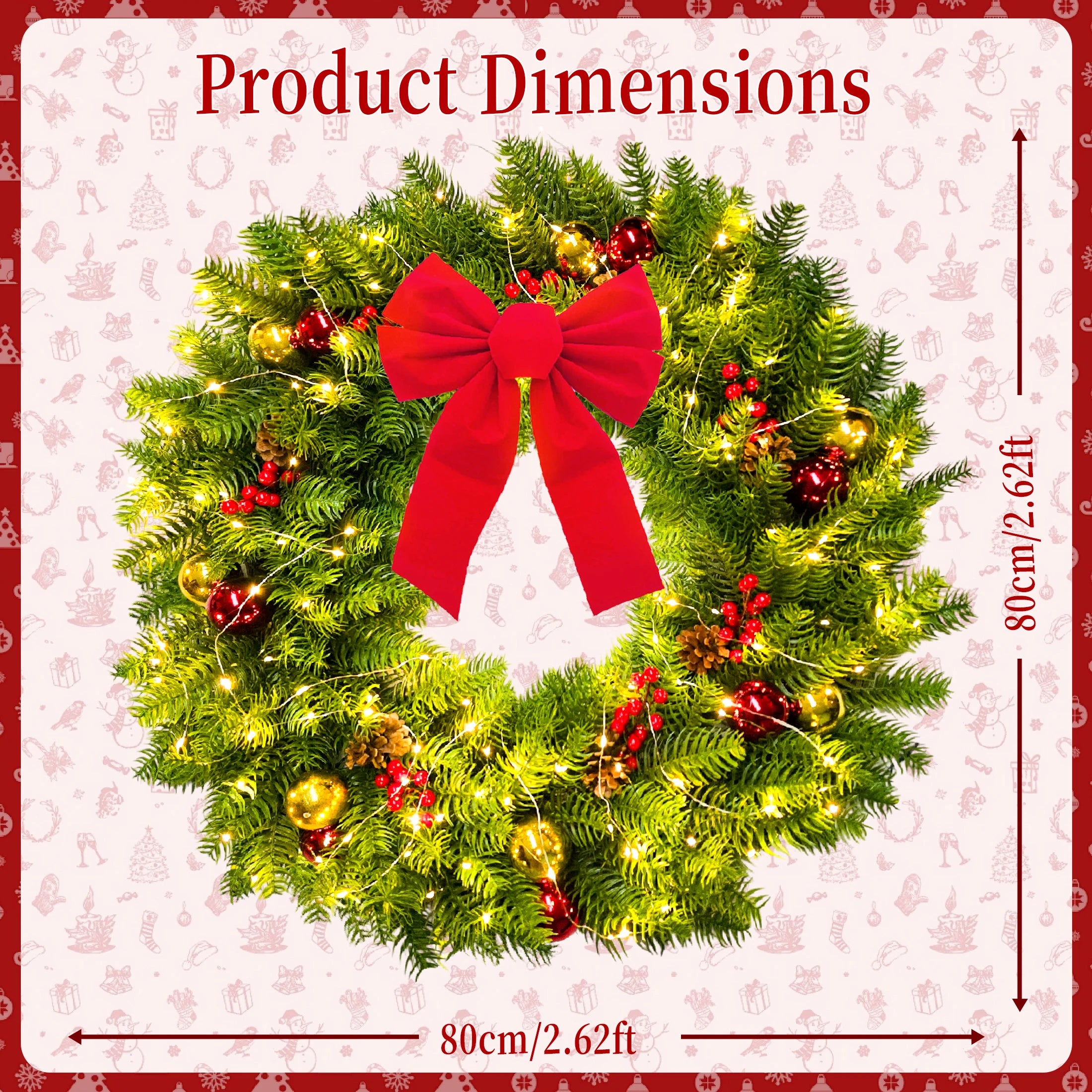 Christmas wreath with a red bow and product dimensions on a decorative background