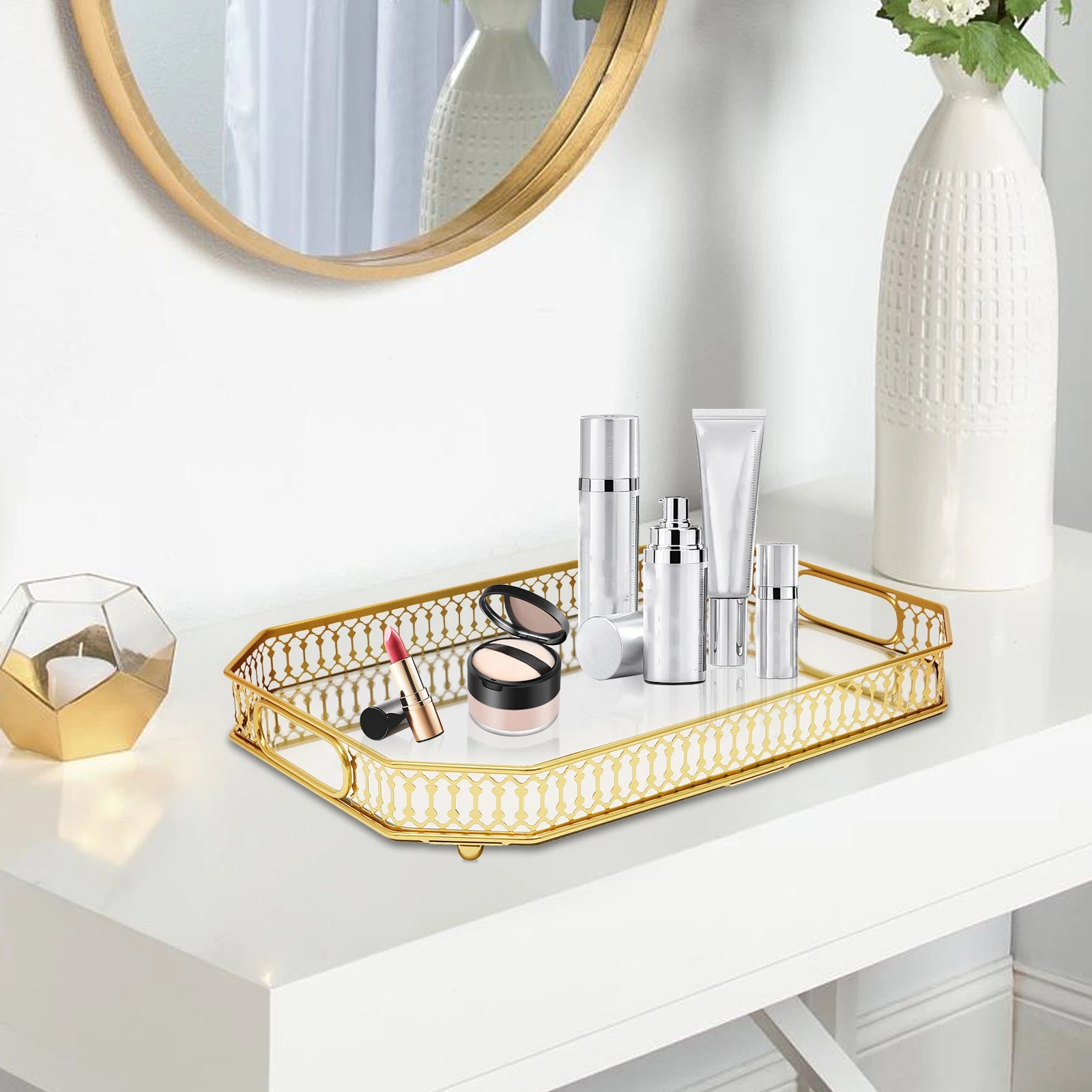 Octagon Glass Makeup Tray with Mirror – Luxury Perfume & Jewelry Organizer