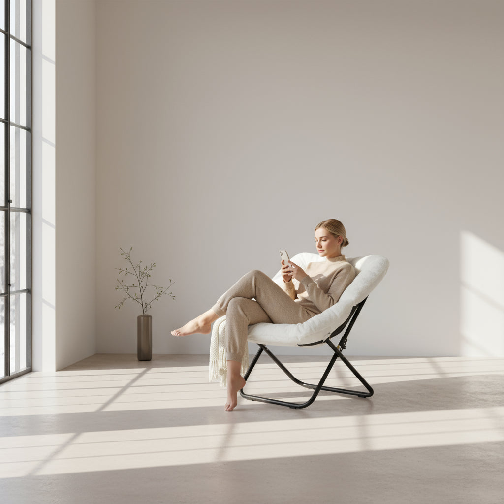 Large 28" Faux Fur Saucer Chair – Large Folding Lounge Chair with Padded Seat & Metal Frame