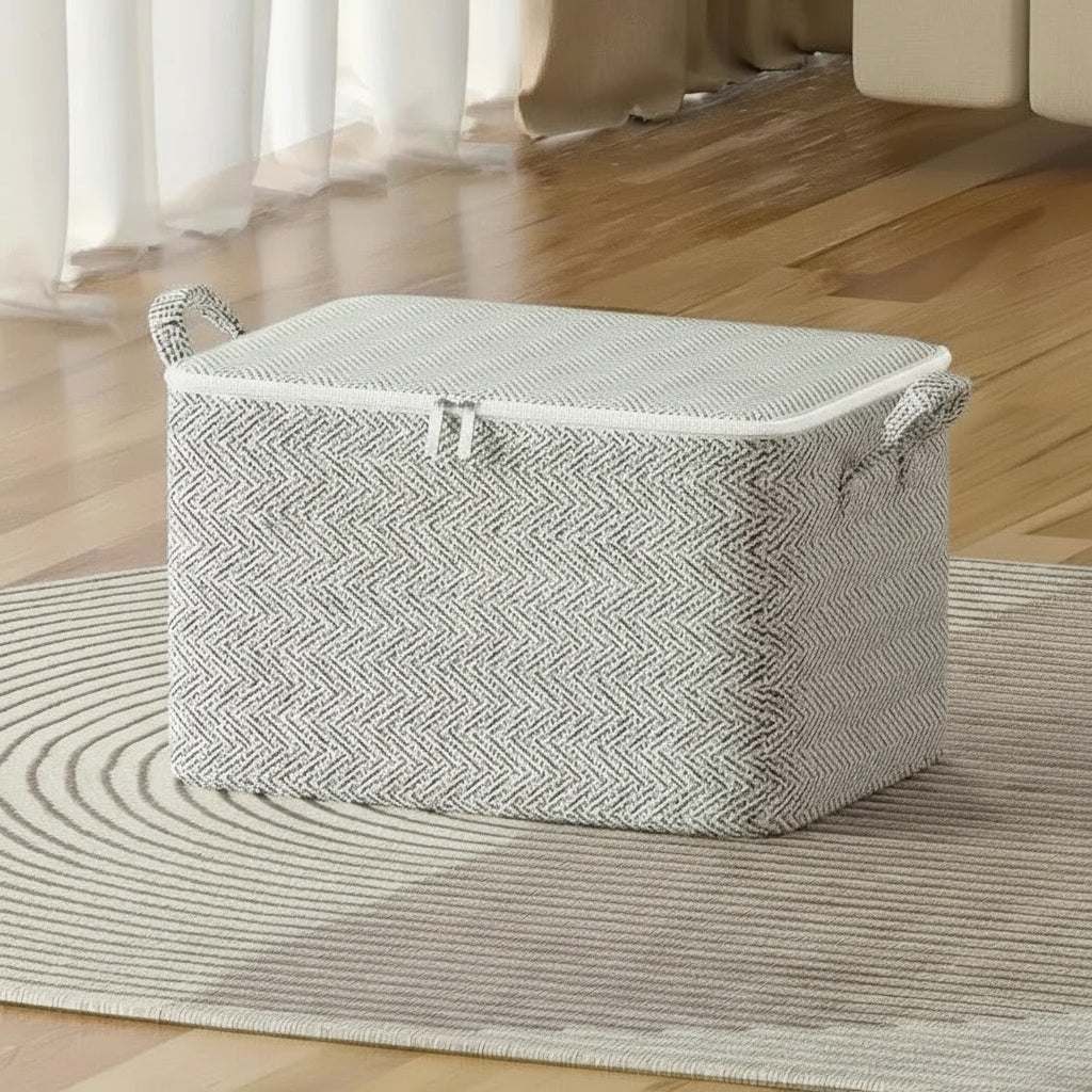 Storage basket with herringbone pattern on a wooden floor, showing dimensions.