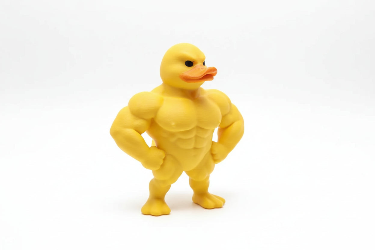 Muscular yellow rubber duck standing on a concrete surface with grass in the background