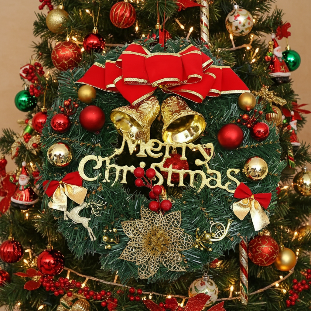 Red & Gold Christmas Wreath – Holiday Front Door, Wall & Window Decoration with Festive Garland Accents