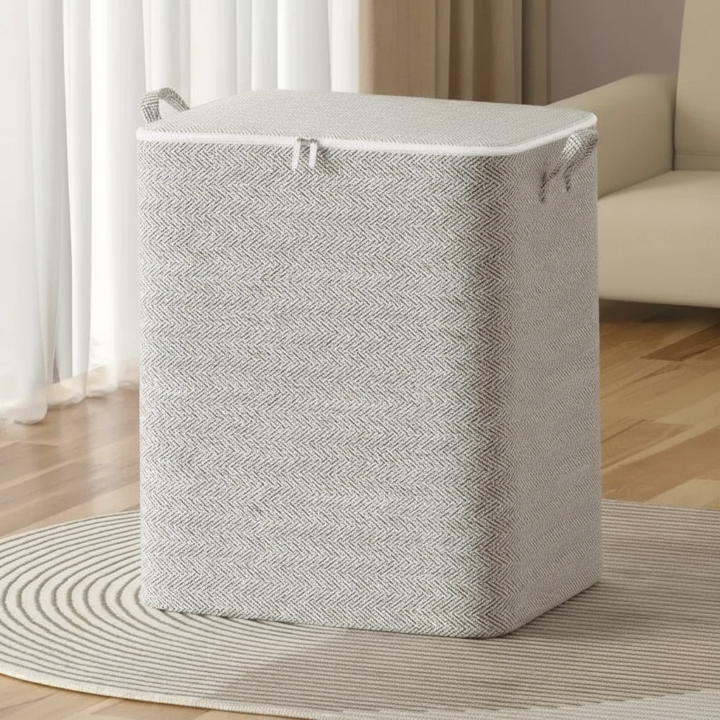Gray laundry basket with measurements on a wooden floor