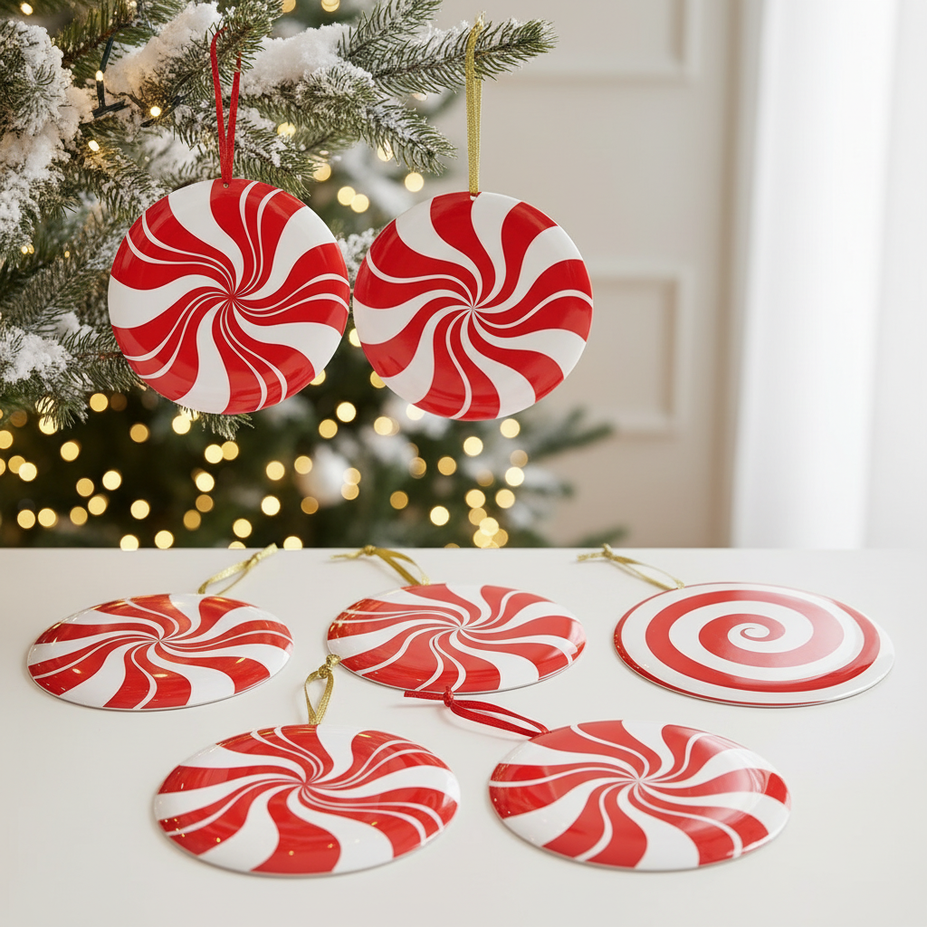 Red and white candy cane-shaped decorations in front of a brick wall with snow on the ground.