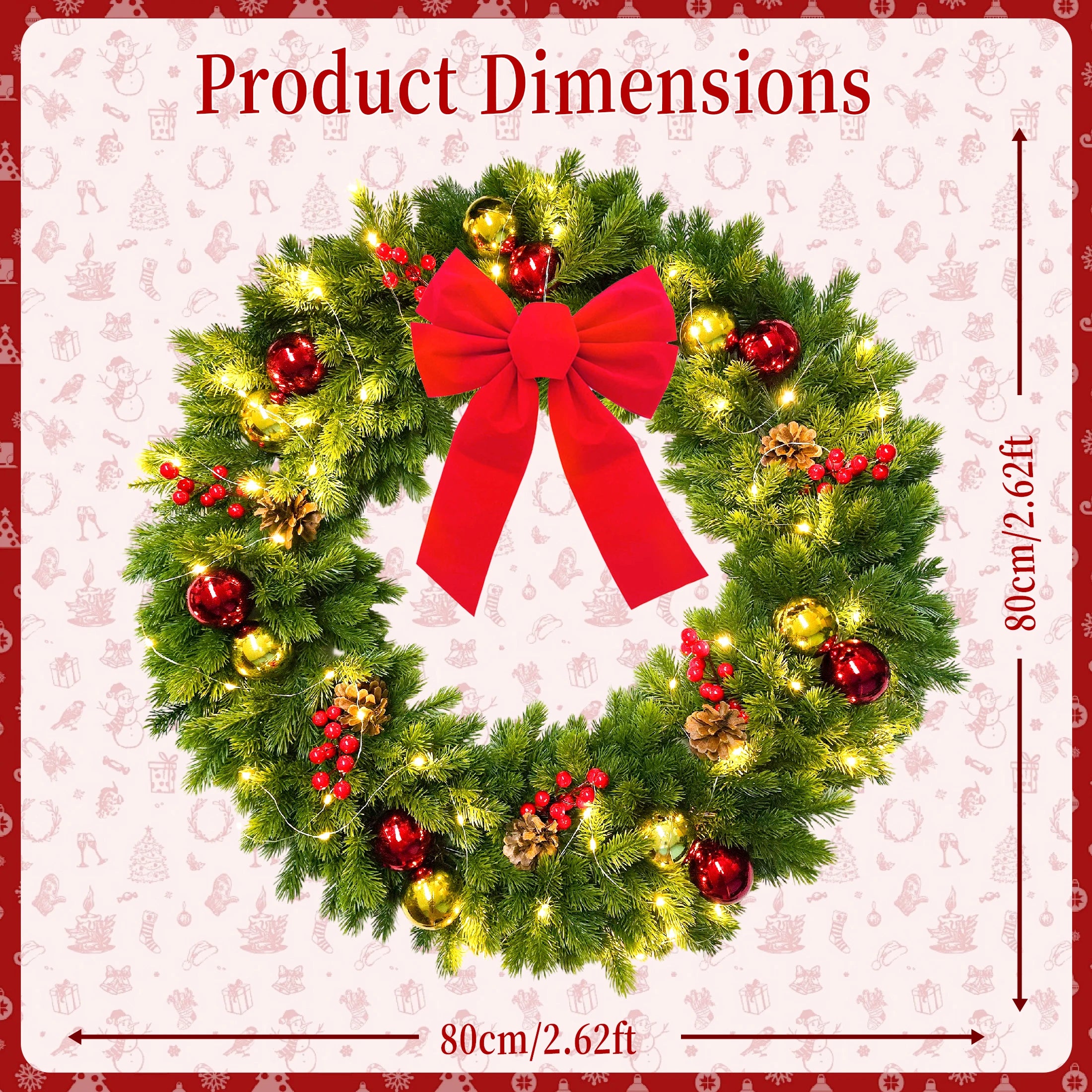 Decorative Christmas wreath with a red bow and lights on a festive background