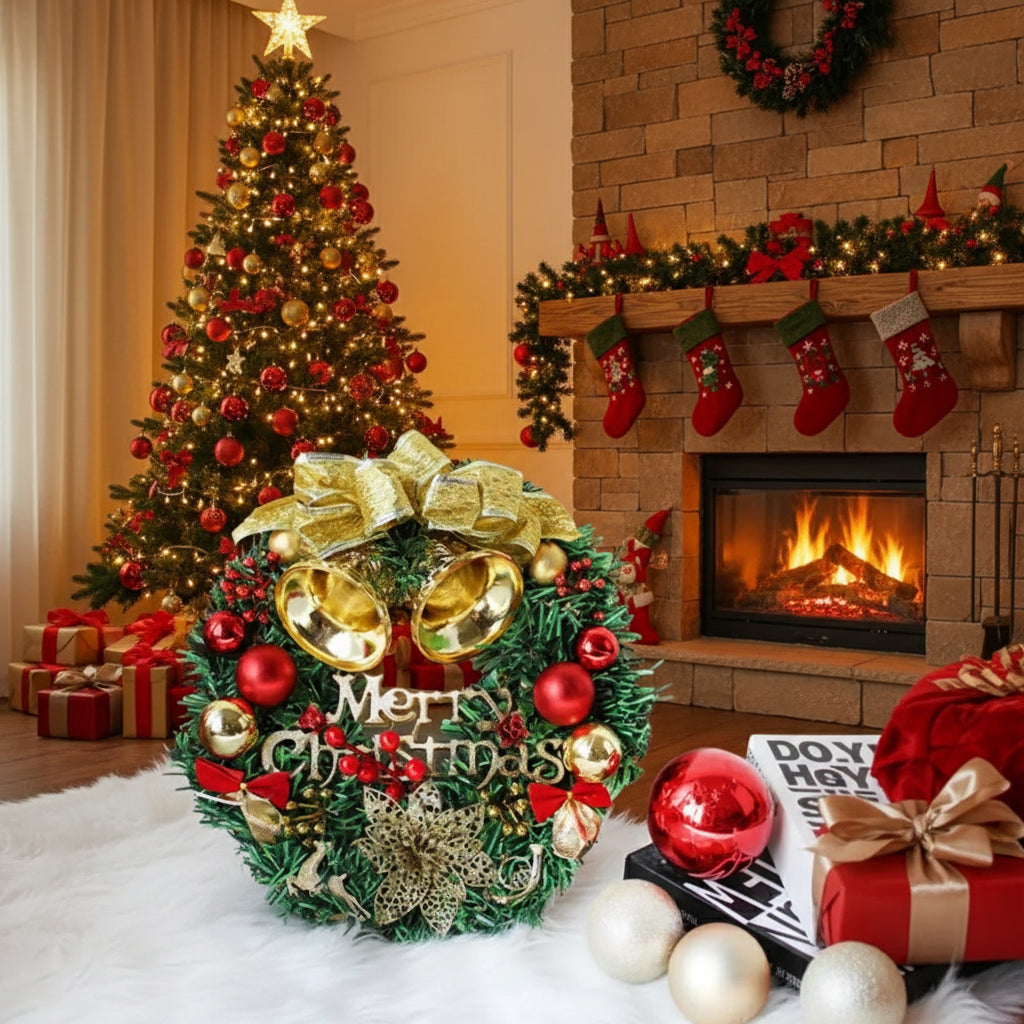 Christmas wreath with gold bells, red ornaments, and &