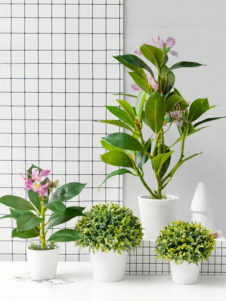 Artificial Azalea & Tropical Greenery – 21–40cm Faux Ficus, Palm & Rubber Leaf Plants with Flowers