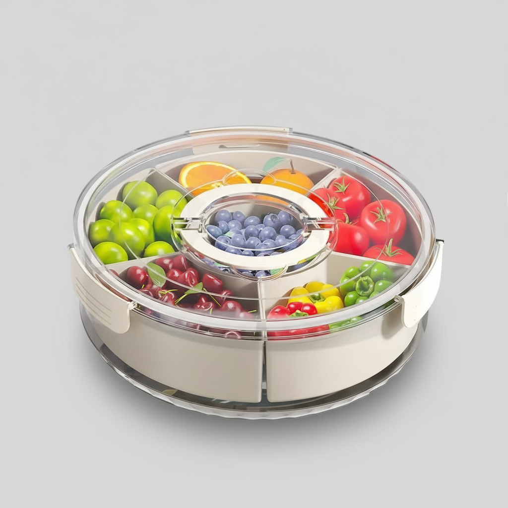 5-Compartment Rotating Snack Plate – Dried Fruit & Food Storage Tray with Lid