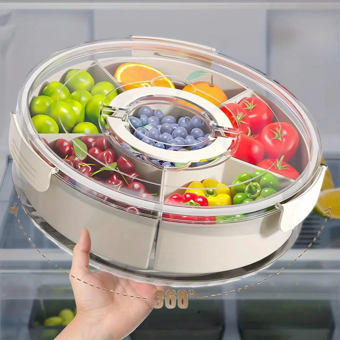 5-Compartment Rotating Snack Plate – Dried Fruit & Food Storage Tray with Lid