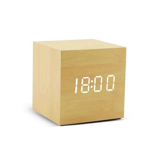 Wooden Digital LED Alarm Clock – Sound Control with Temperature Display, USB/AAA Powered