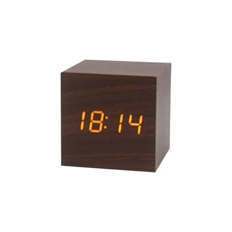 Wooden Digital LED Alarm Clock – Sound Control with Temperature Display, USB/AAA Powered