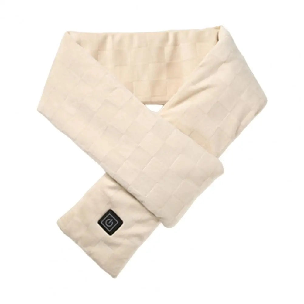 Beige heated neck wrap with a power button on a white background