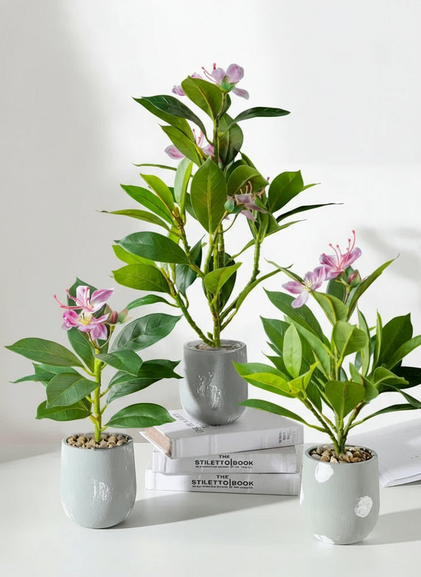 Artificial Azalea & Tropical Greenery – 21–40cm Faux Ficus, Palm & Rubber Leaf Plants with Flowers