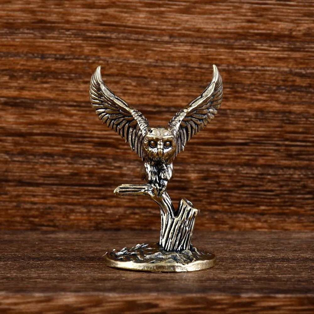 Antique Solid Brass Owl Miniature Figurines Retro Copper Animal Tea Pet Desktop Ornament Home Decor Crafts Animal Figurines