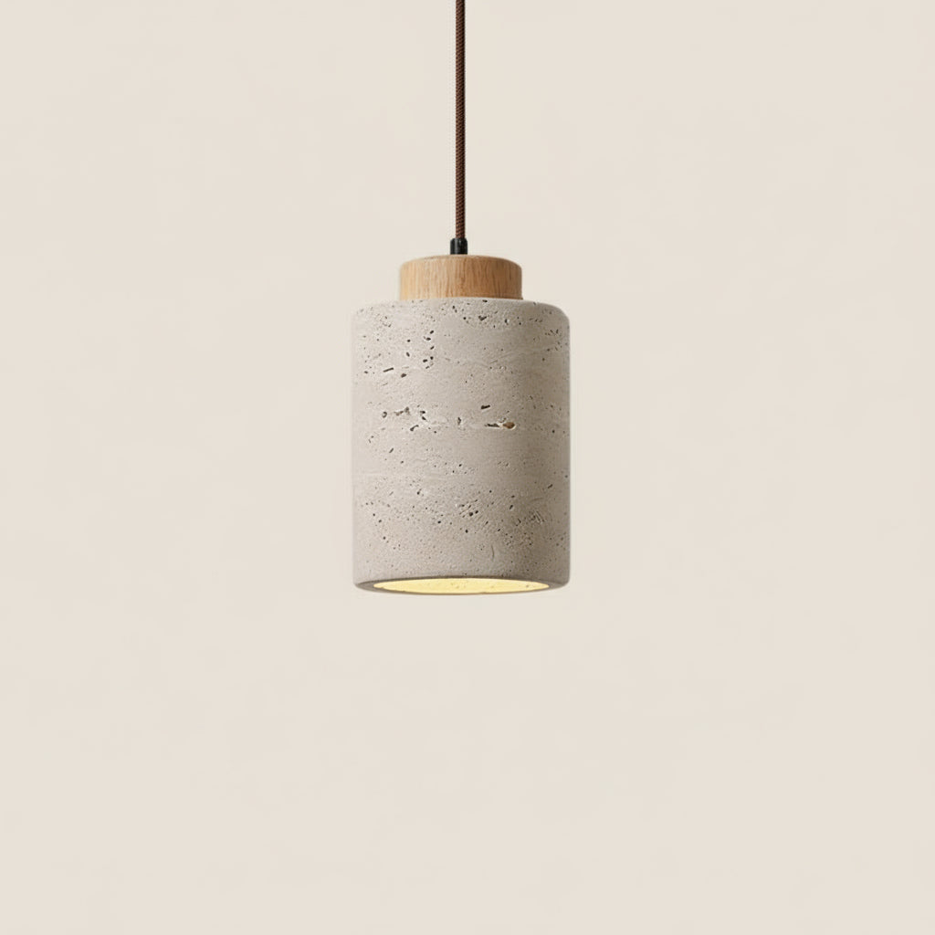 Concrete pendant light with dimensions on a beige background