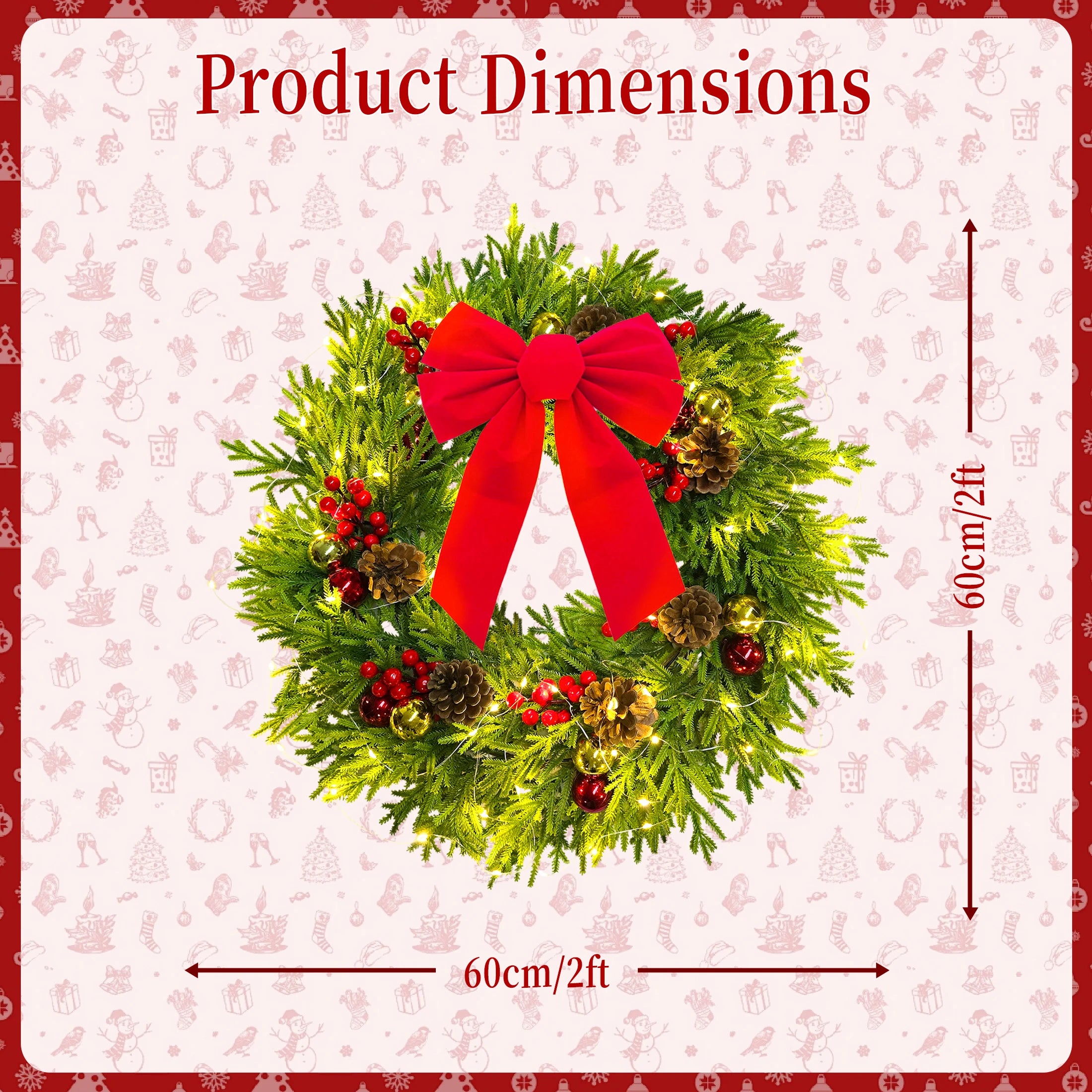 Christmas wreath with a red bow and dimensions on a decorative background