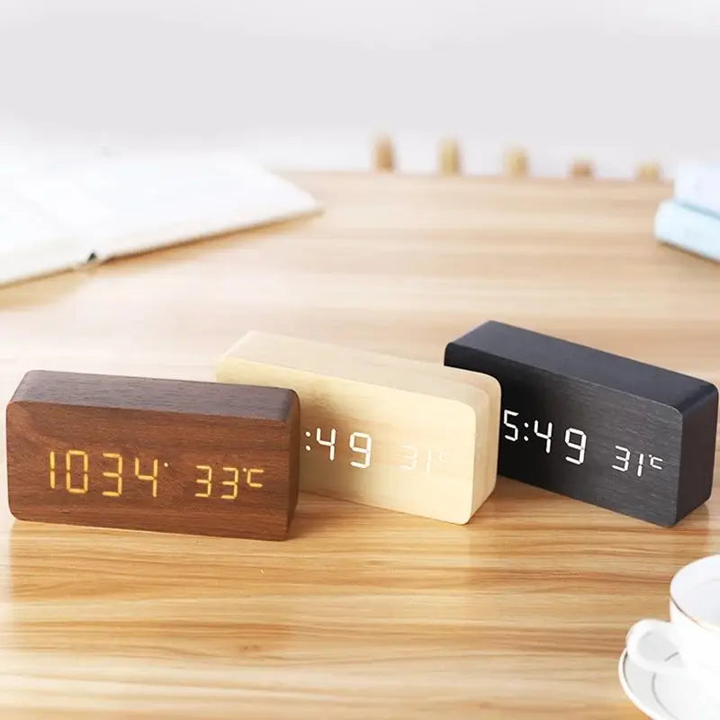 Wooden Digital LED Alarm Clock – Modern Bedside & Desk Clock with Temperature Display