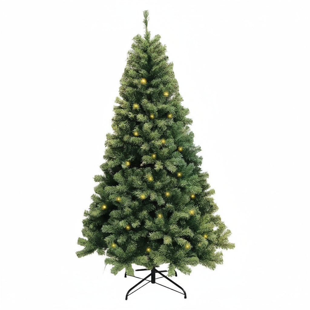 Decorated Christmas tree with lights and a remote control on a white background