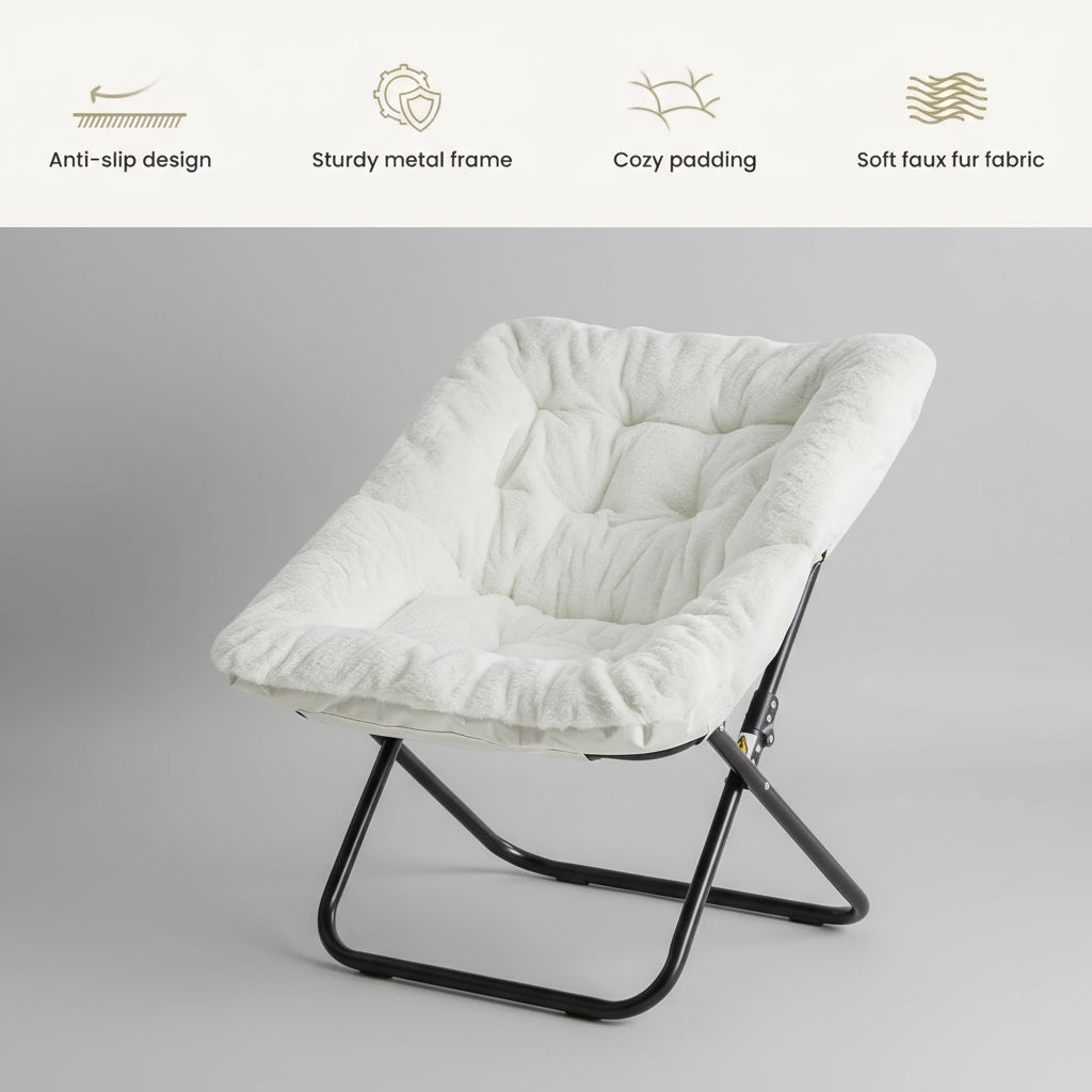 Large 28" Faux Fur Saucer Chair – Large Folding Lounge Chair with Padded Seat & Metal Frame