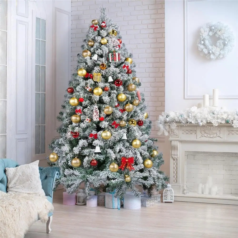 7ft/8ft Snow-Flocked Artificial Christmas Tree – 1000 Branch Tips with Foldable Metal Stand