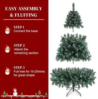 7ft/8ft Snow-Flocked Artificial Christmas Tree – 1000 Branch Tips with Foldable Metal Stand