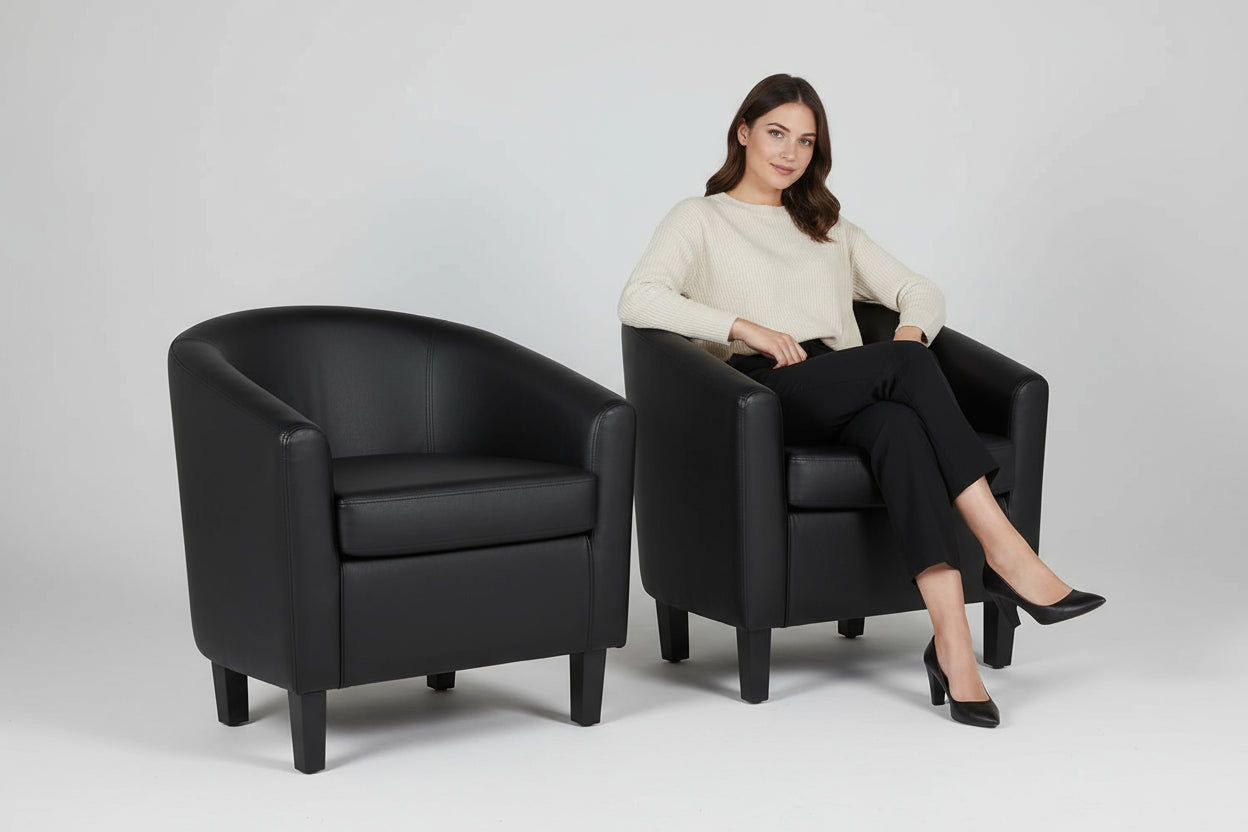 Set of 2 Faux Leather Barrel Accent Chairs – Modern Club Armchairs with Soft Seat