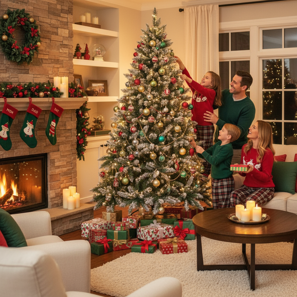 7ft/8ft Snow-Flocked Artificial Christmas Tree – 1000 Branch Tips with Foldable Metal Stand