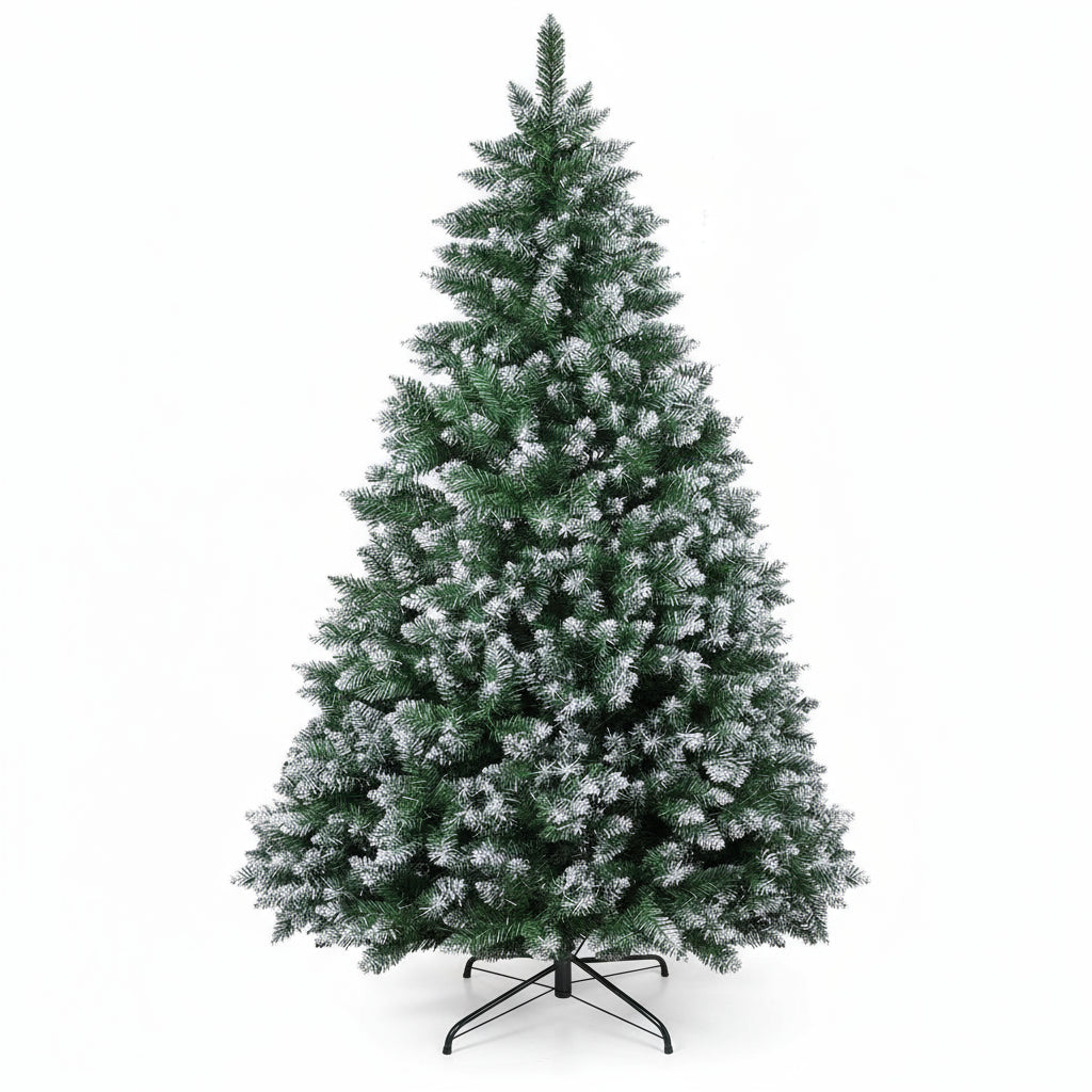 7ft/8ft Snow-Flocked Artificial Christmas Tree – 1000 Branch Tips with Foldable Metal Stand
