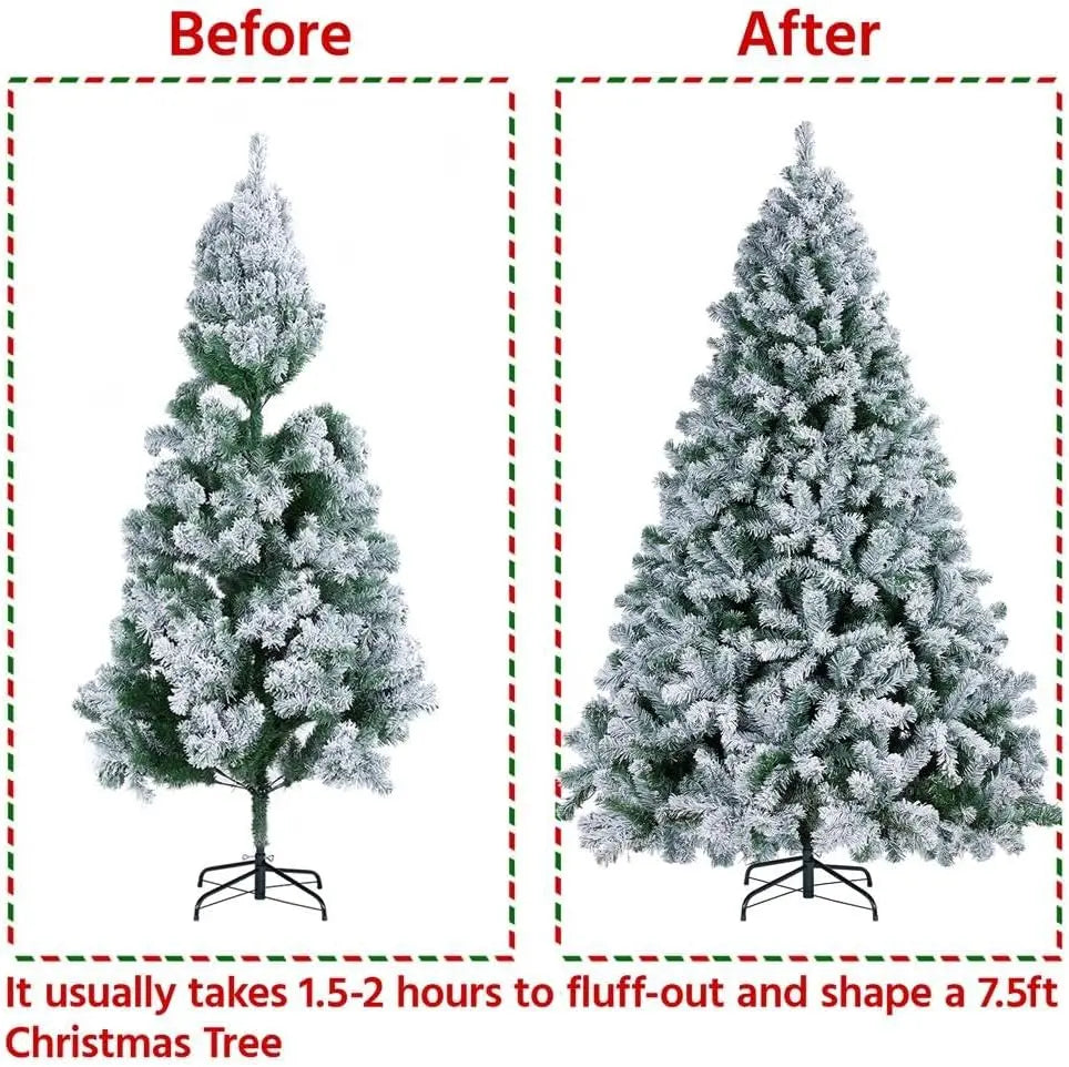 7ft/8ft Snow-Flocked Artificial Christmas Tree – 1000 Branch Tips with Foldable Metal Stand