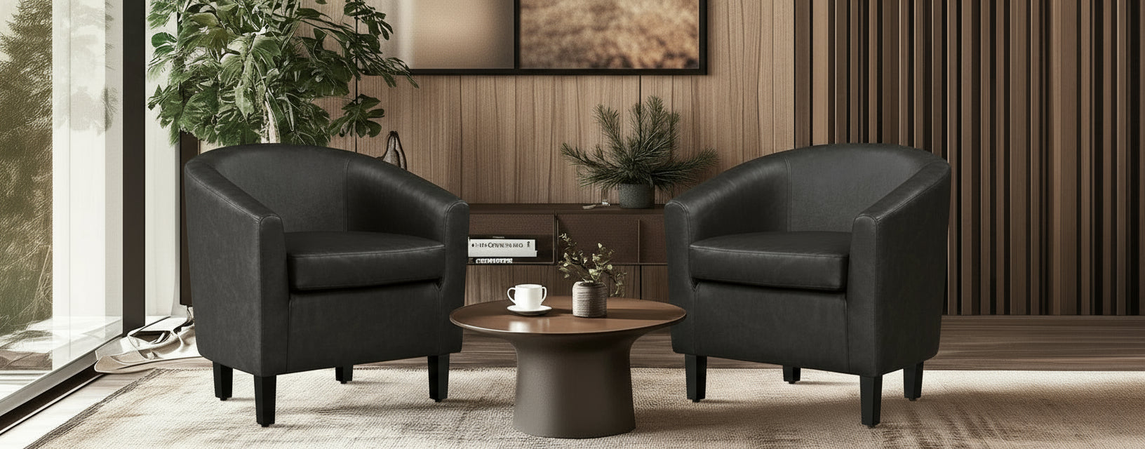 Set of 2 Faux Leather Barrel Accent Chairs – Modern Club Armchairs with Soft Seat