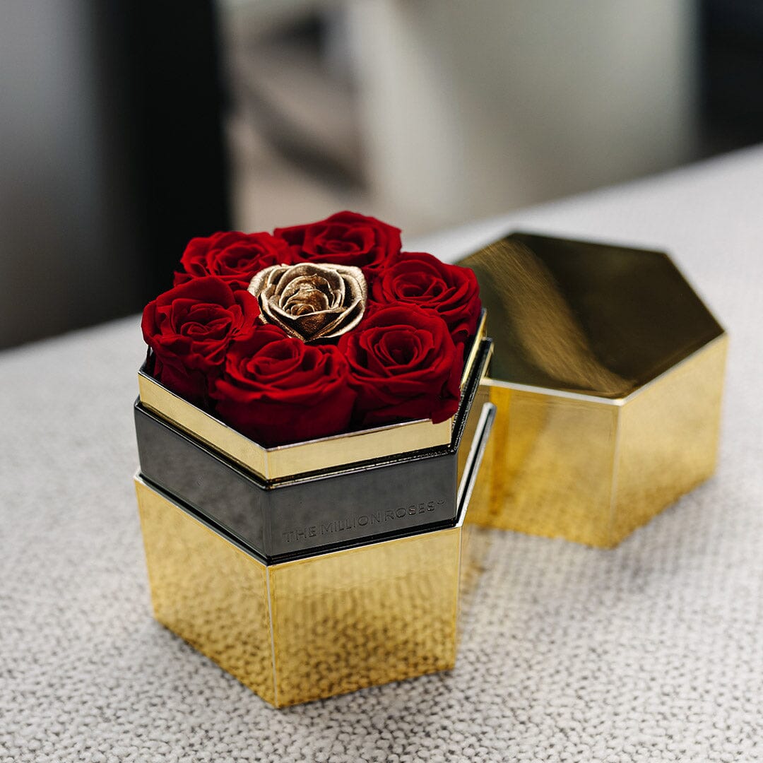 One in a Million™ Mirror Gold Hexagon Box | Red &amp; Gold Roses