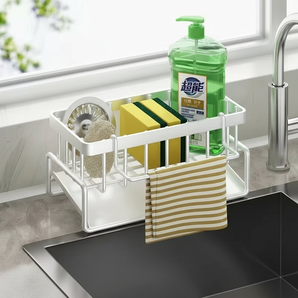 Kitchen Sink Sponge &amp; Drain Rack – Ventilated Storage Basket for Dishcloths &amp; Cleaning Tools