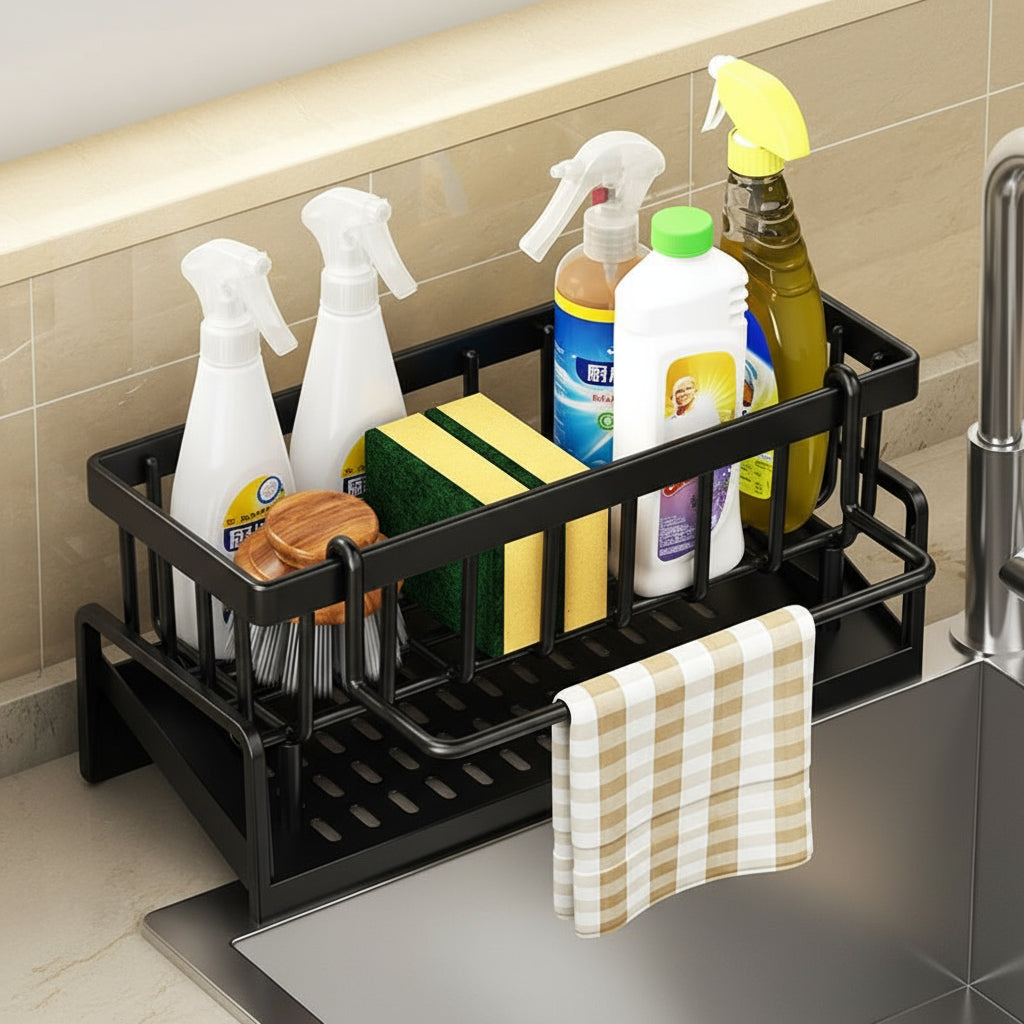 Kitchen Sink Sponge &amp; Drain Rack – Ventilated Storage Basket for Dishcloths &amp; Cleaning Tools