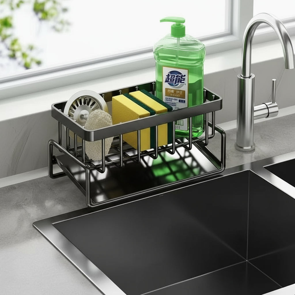 Kitchen Sink Sponge &amp; Drain Rack – Ventilated Storage Basket for Dishcloths &amp; Cleaning Tools