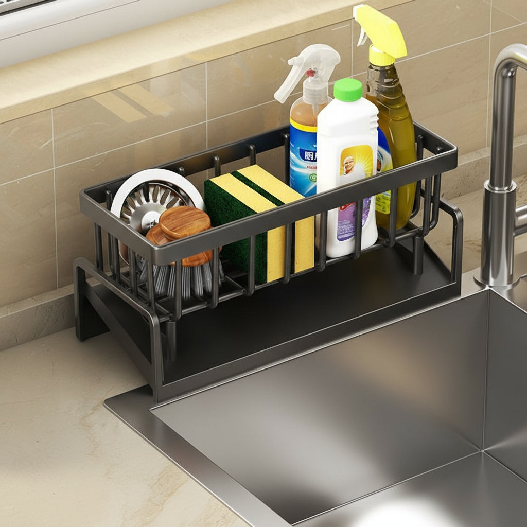 Kitchen Sink Sponge &amp; Drain Rack – Ventilated Storage Basket for Dishcloths &amp; Cleaning Tools