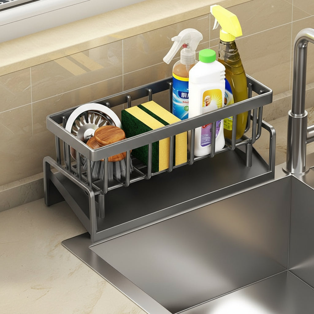 Kitchen Sink Sponge &amp; Drain Rack – Ventilated Storage Basket for Dishcloths &amp; Cleaning Tools