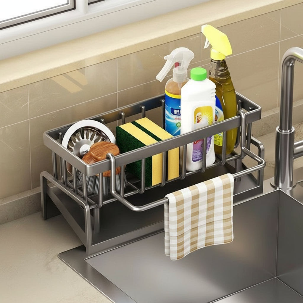 Kitchen Sink Sponge &amp; Drain Rack – Ventilated Storage Basket for Dishcloths &amp; Cleaning Tools