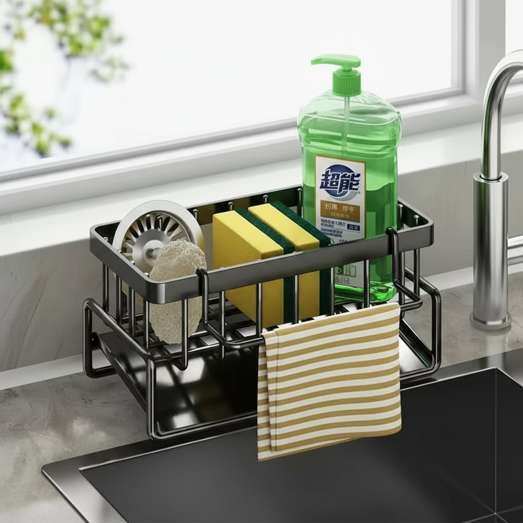 Kitchen Sink Sponge &amp; Drain Rack – Ventilated Storage Basket for Dishcloths &amp; Cleaning Tools
