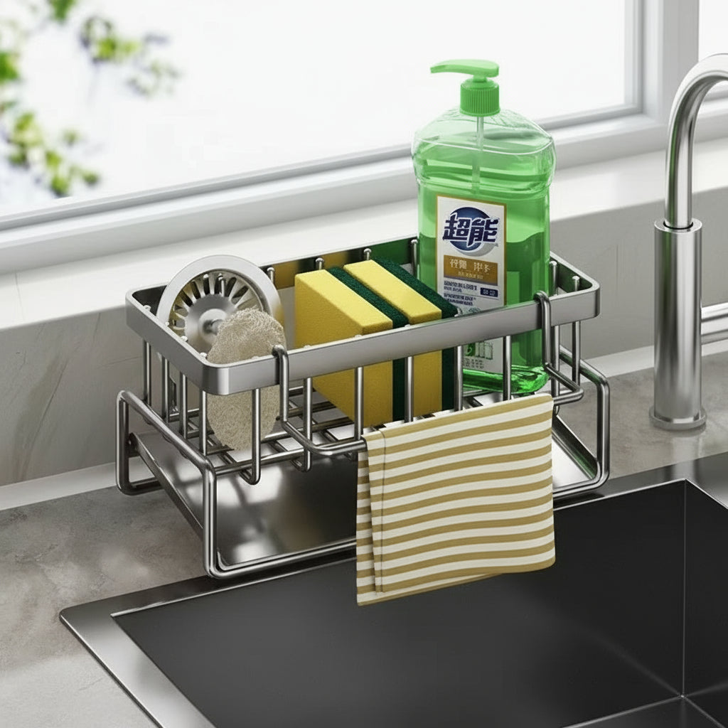 Kitchen Sink Sponge &amp; Drain Rack – Ventilated Storage Basket for Dishcloths &amp; Cleaning Tools