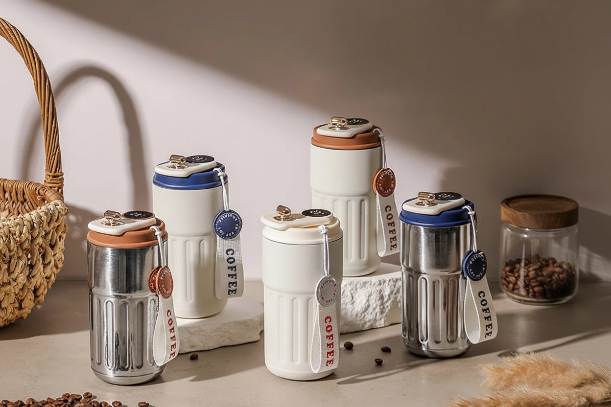 Set of coffee canisters with different color lids on a neutral background, featuring the brand &