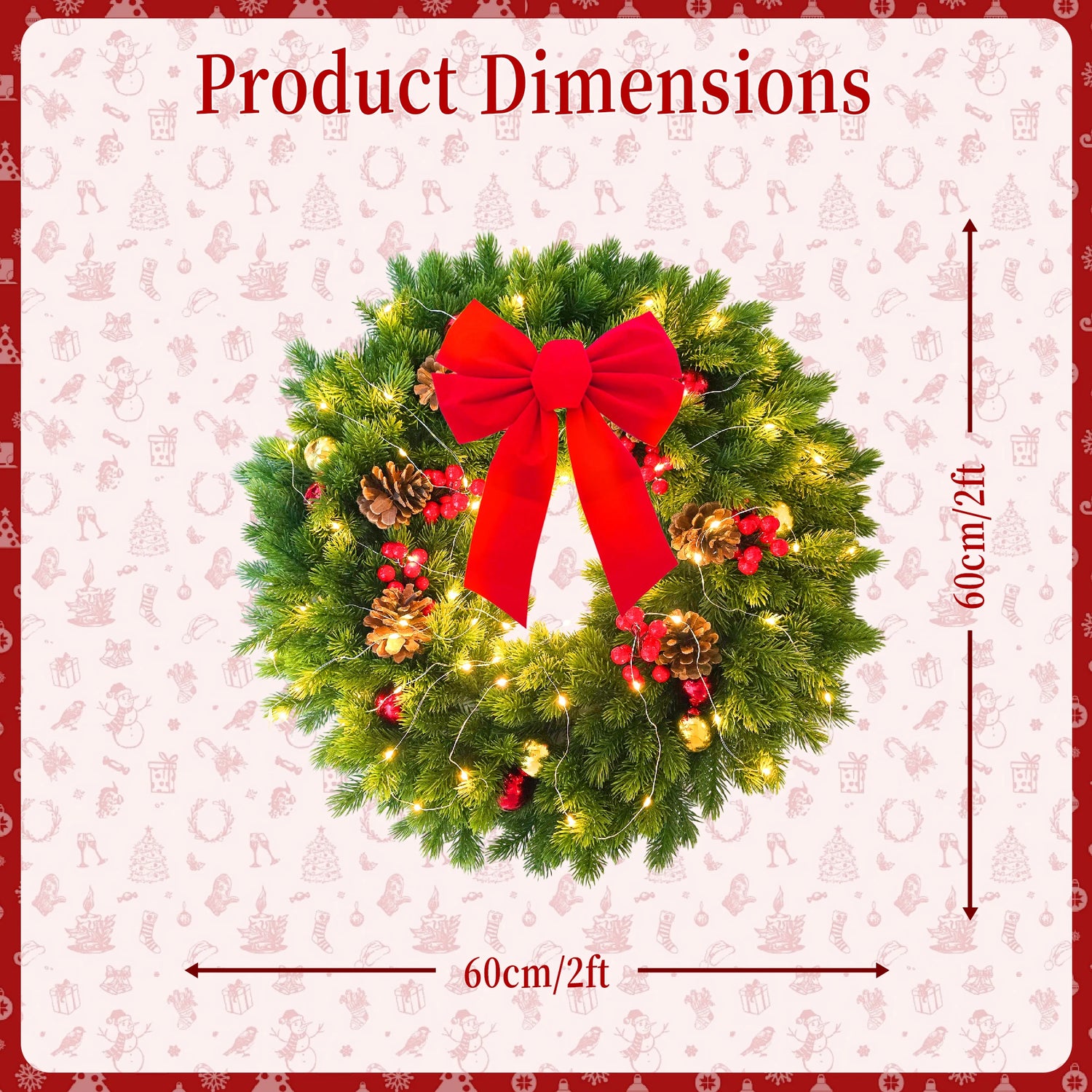 Christmas wreath with a red bow and lights, shown with dimensions on a festive background.