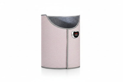 Pink digital display model with text on a beige background