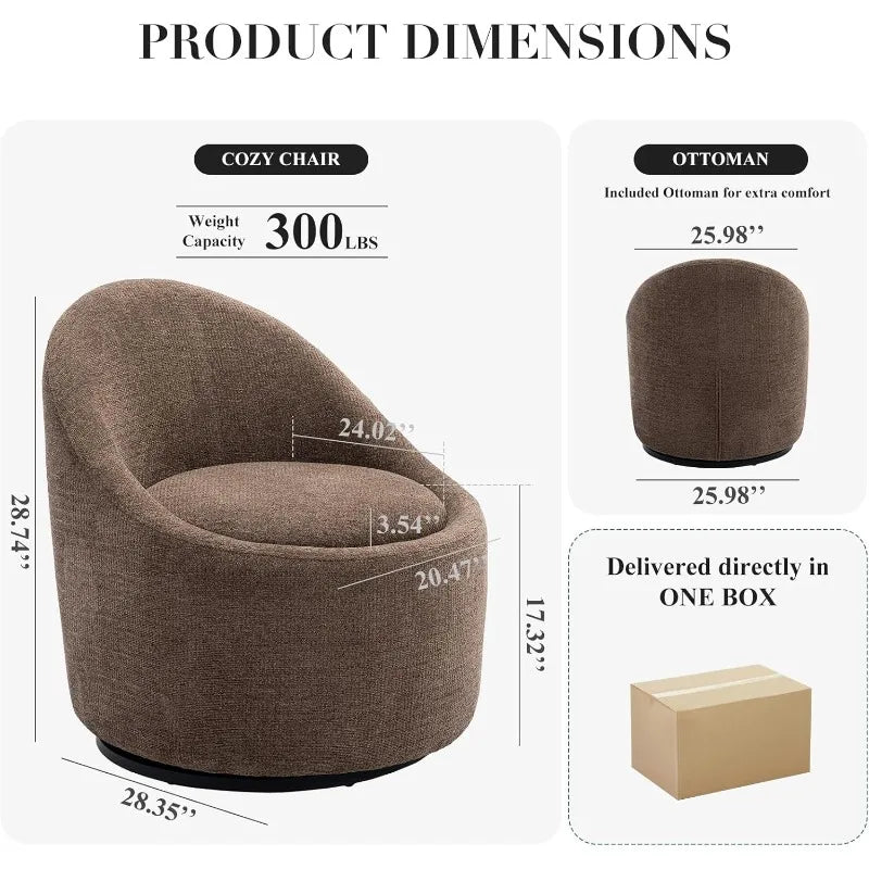 Set of 2 Modern Brown Barrel Accent Chairs – 360° Swivel with Hidden Storage for Living Room &amp; Bedroom