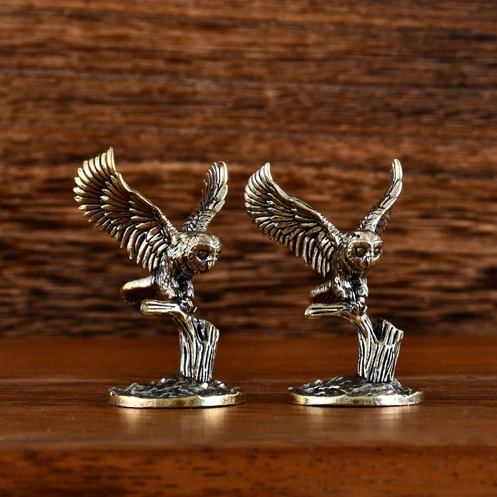 Antique Solid Brass Owl Miniature Figurines Retro Copper Animal Tea Pet Desktop Ornament Home Decor Crafts Animal Figurines